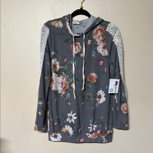 Lovely Melody Floral Charcoal Hoodie with Lace Details